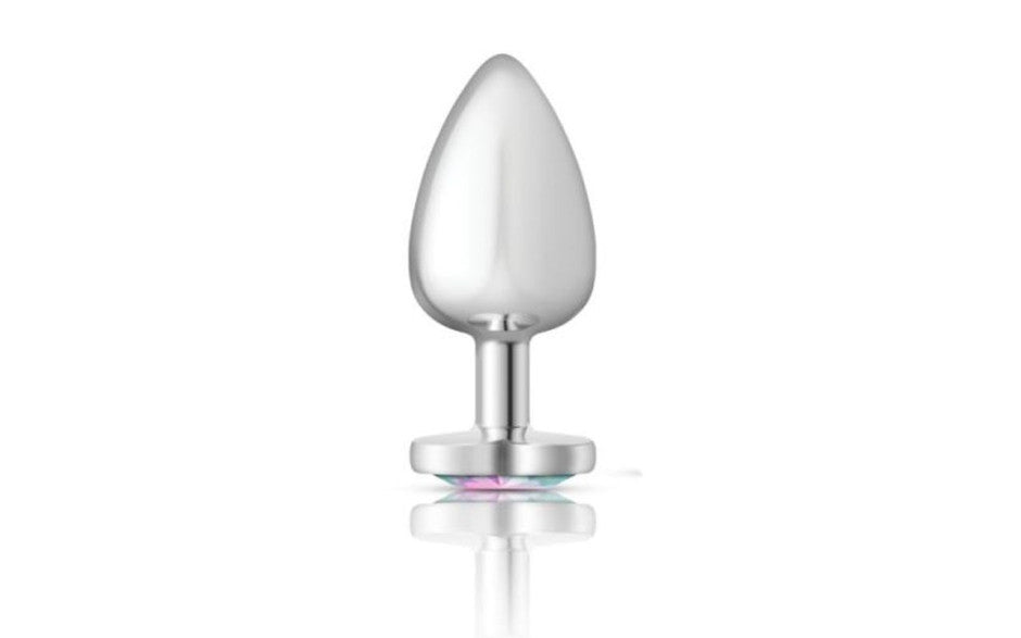 Cheeky Charms Silver Metal  Butt Plug w Heart Clear Jewel Large