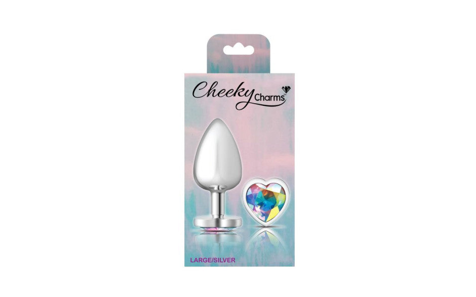Cheeky Charms Silver Metal  Butt Plug w Heart Clear Jewel Large