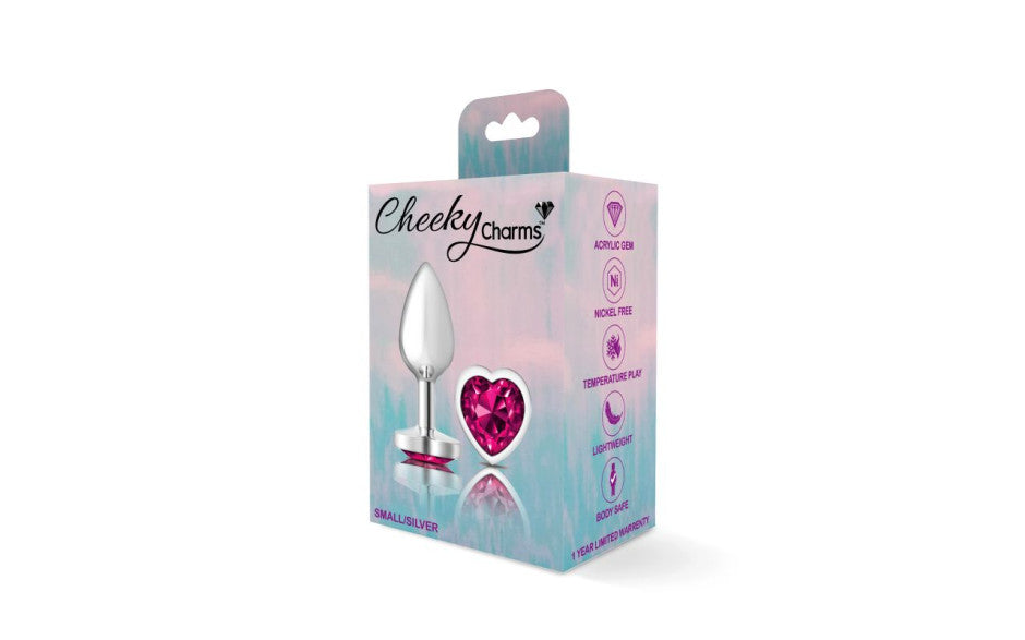 Cheeky Charms Silver Metal  Butt Plug w Heart Pink Jewel Small