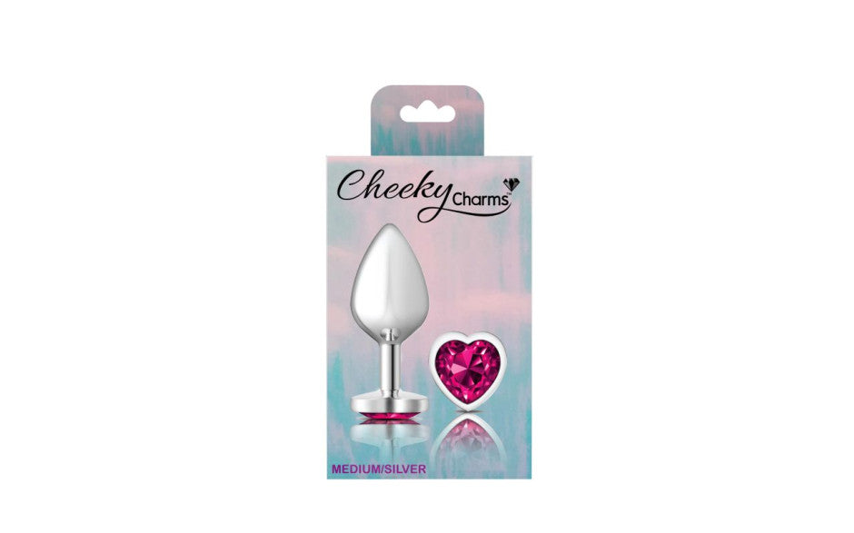 Cheeky Charms Silver Metal  Butt Plug w Heart Pink Jewel Medium