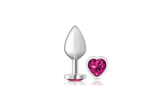 Cheeky Charms Silver Metal  Butt Plug w Heart Pink Jewel Medium