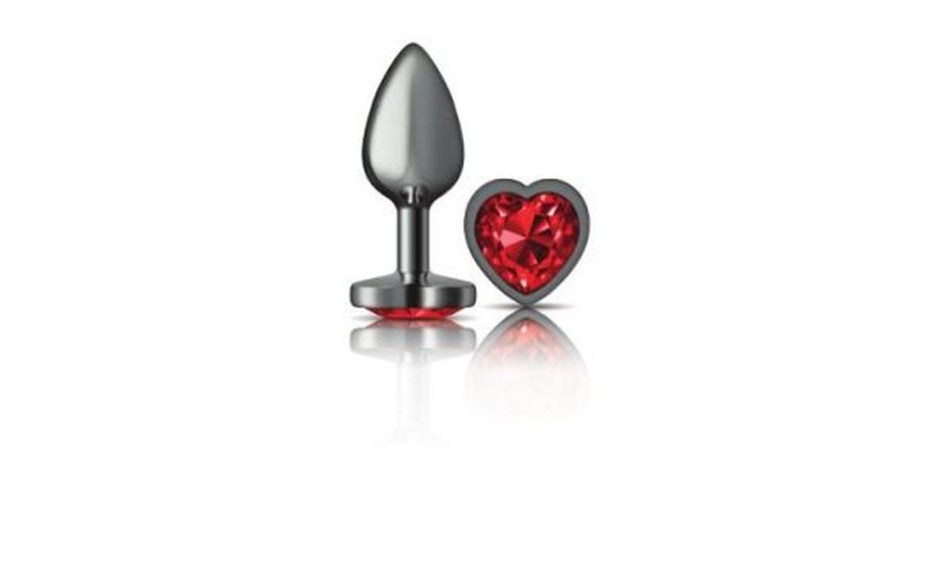 Cheeky Charms Gunmetal  Butt Plug w Heart Red Jewel Small