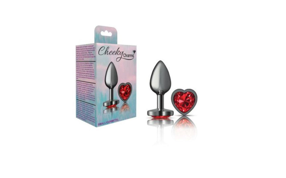 Cheeky Charms Gunmetal  Butt Plug w Heart Red Jewel Small