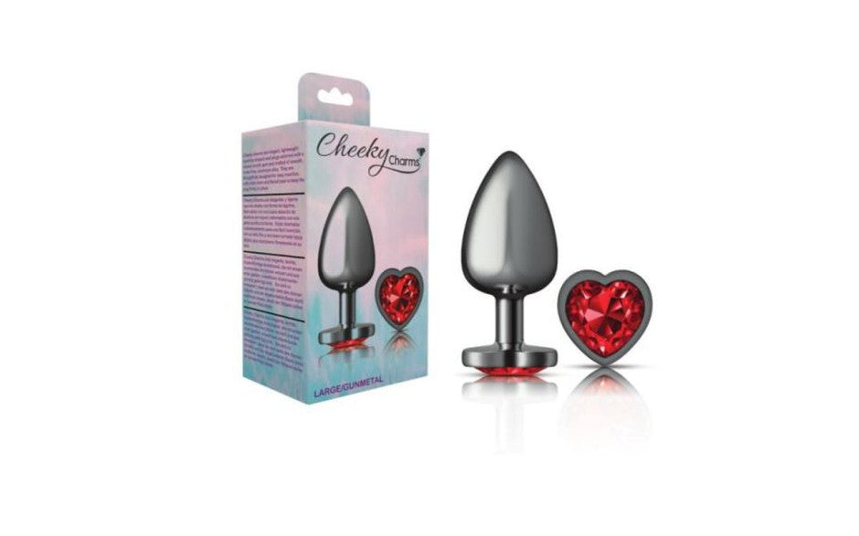 Cheeky Charms Gunmetal  Butt Plug w Heart Red Jewel Large
