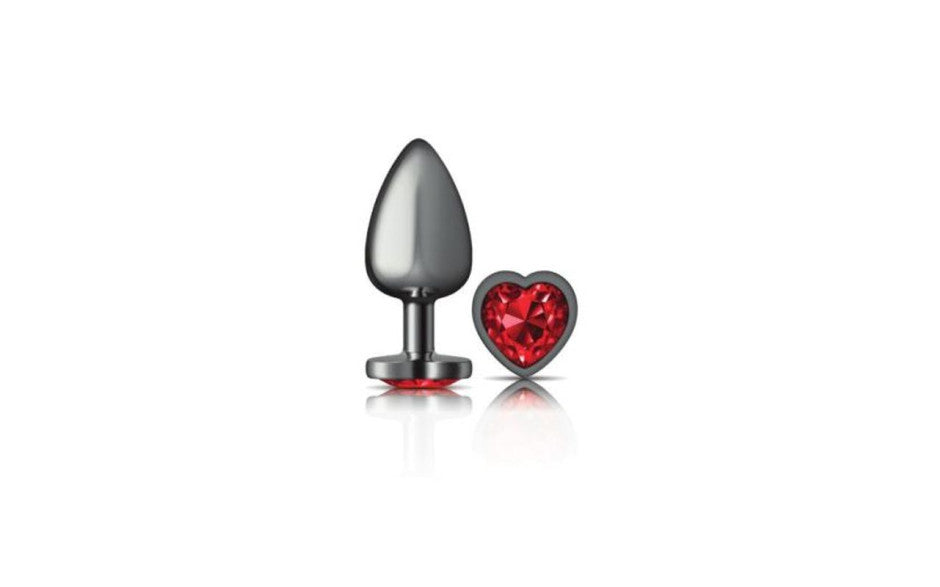 Cheeky Charms Gunmetal  Butt Plug w Heart Red Jewel Large