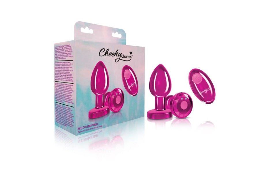 Cheeky Charms Pink Rechargeable Vibrating Metal Butt Plug w Remote Medium