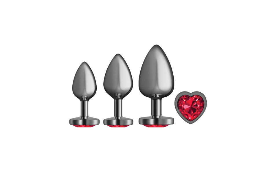 Cheeky Charms Round Metal Butt Plug Gunmetal 3 Pc Kit w Dark Red Heart Jewel