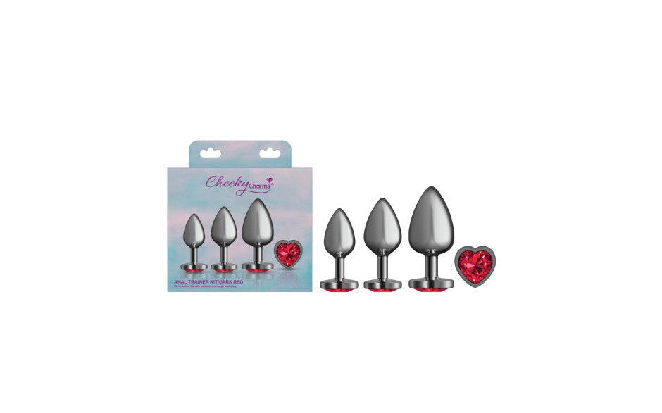Cheeky Charms Round Metal Butt Plug Gunmetal 3 Pc Kit w Dark Red Heart Jewel