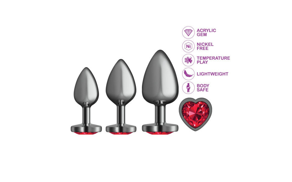 Cheeky Charms Round Metal Butt Plug Gunmetal 3 Pc Kit w Dark Red Heart Jewel
