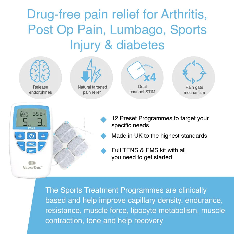 NeuroTrac Dual Channel TENS Machine – Pain Relief Device 11 Programs, Burst & Modulation Modes