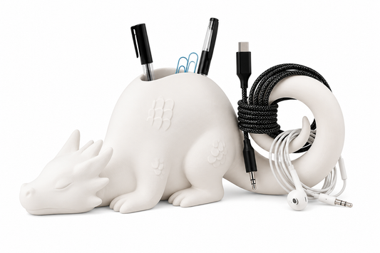 A 3D-printed dragon-shaped desktop organizer adds a touch of fantasy and order to your workspace. (White)