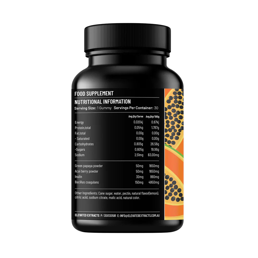 Elevated Extracts Gut Health Gummies – Probiotic & Prebiotic Blend with Bacillus Coagulans, Acai & Green Papaya | 30 Gummies