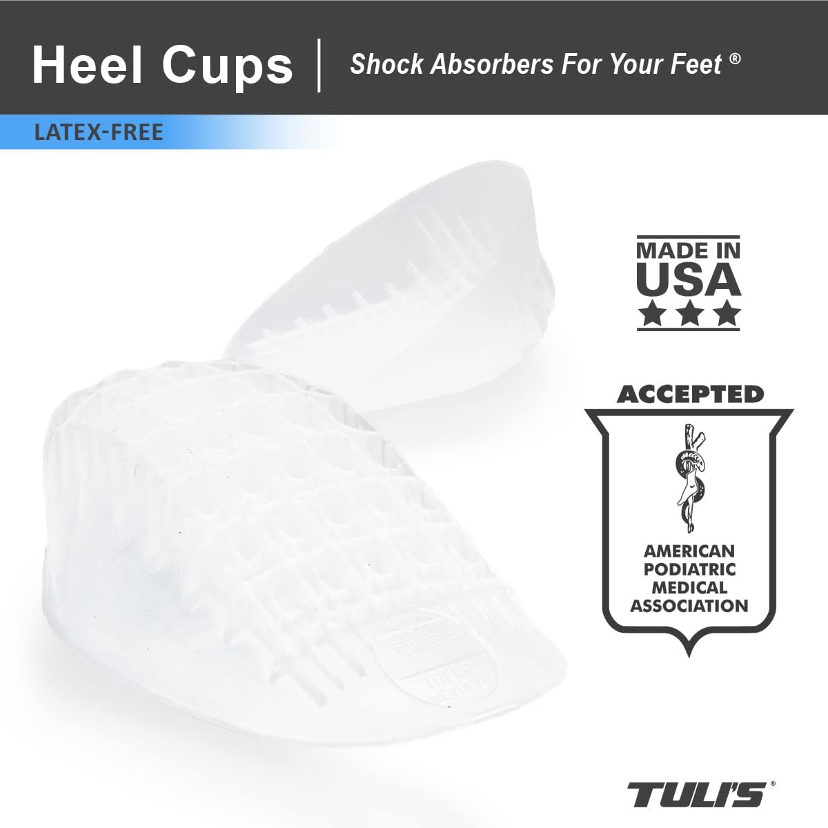 Tuli's Heavy Duty Gel Heel Cup, TuliGEL Shock Absorption Cushion Insert for Plantar Fasciitis, Sever's Disease and Heel Pain Relief, Small