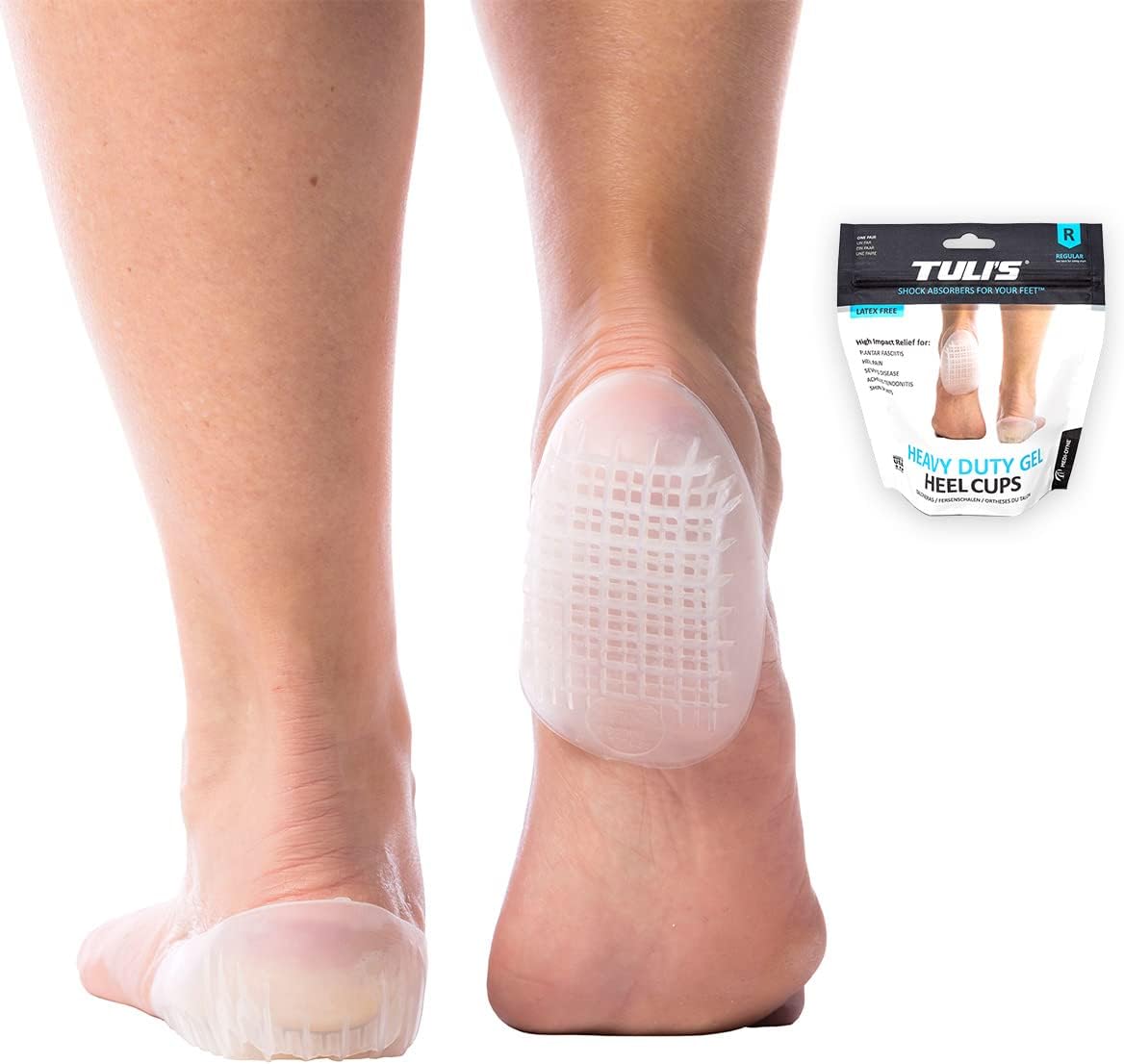 Tuli's Heavy Duty Gel Heel Cup, TuliGEL Shock Absorption Cushion Insert for Plantar Fasciitis, Sever's Disease and Heel Pain Relief, Small