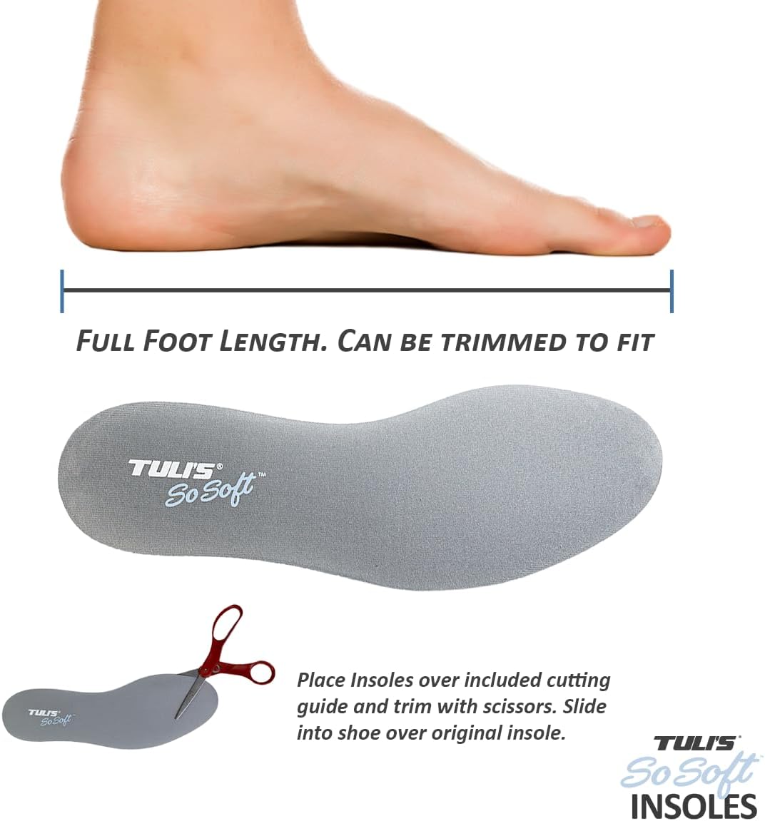 Tuli's So Soft Insoles - Thin, Comfortable Shoe Inserts for Foot Fatigue Relief, Trim-to-Fit Design