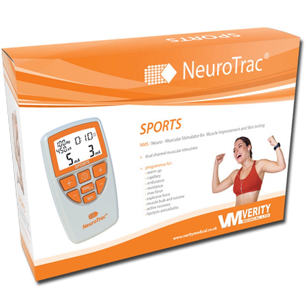 NeuroTrac Sports device packaging with digital display and woman exercising on a white background