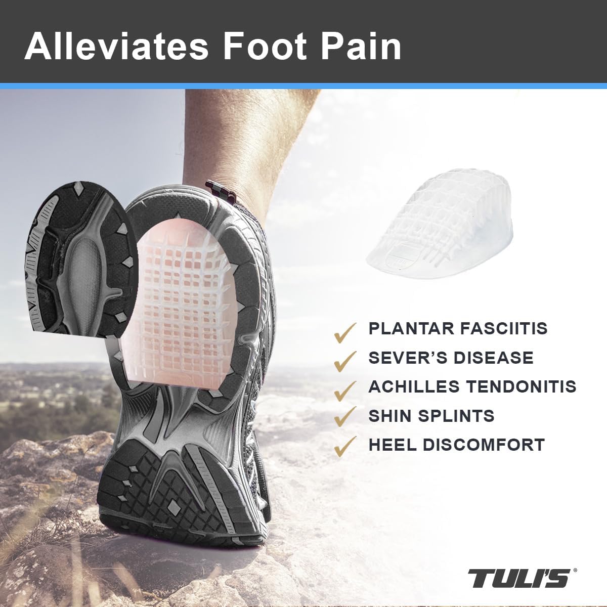 Tuli's Heavy Duty Gel Heel Cup, TuliGEL Shock Absorption Cushion Insert for Plantar Fasciitis, Sever's Disease and Heel Pain Relief, Small