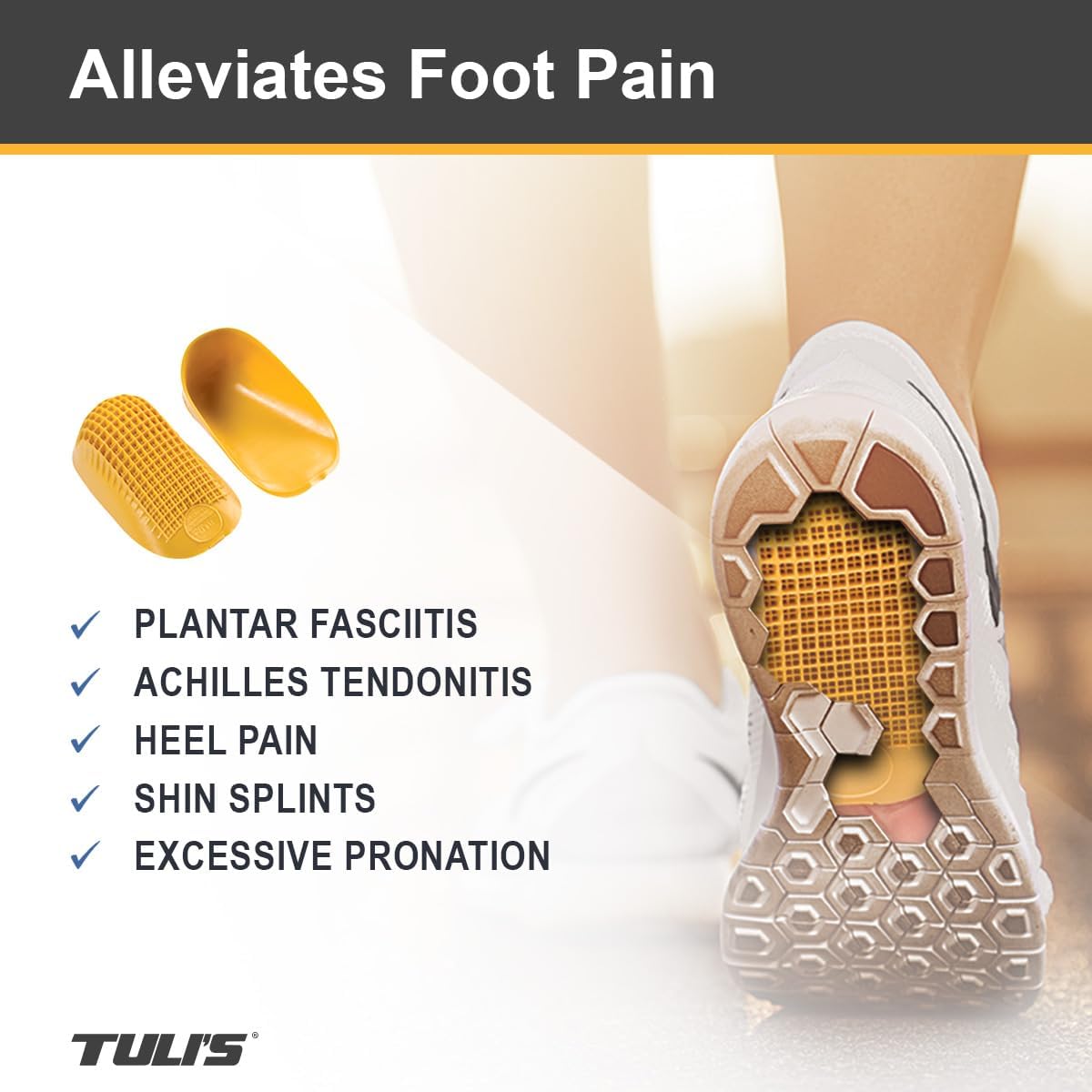 Tuli's Classic Heel Cups, Shock Absorption and Cushion Inserts for Plantar Fasciitis and Heel Pain Relief, Yellow, Large