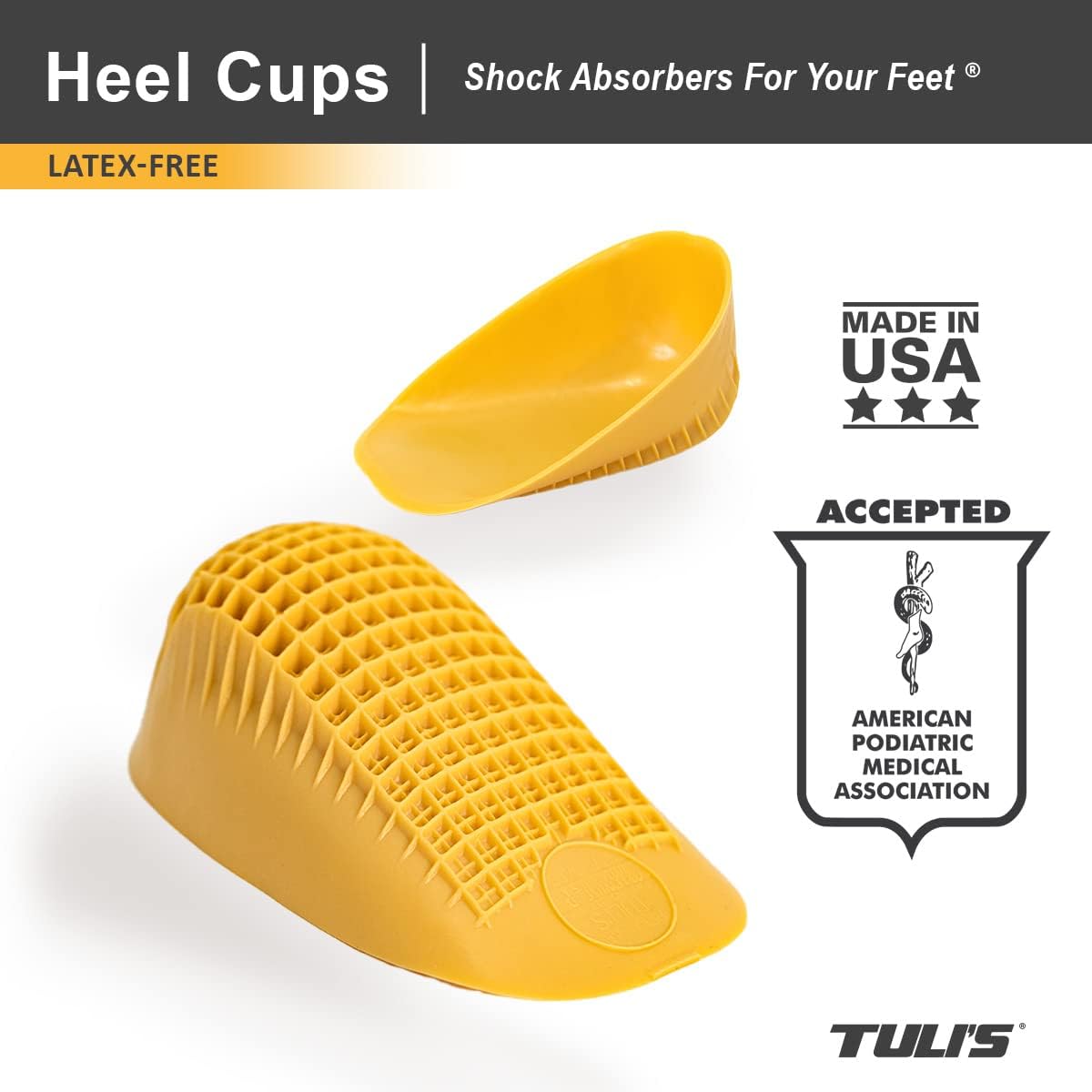 Tuli's Classic Heel Cups, Shock Absorption and Cushion Inserts for Plantar Fasciitis and Heel Pain Relief, Yellow, Large