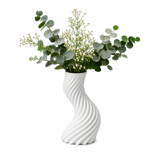 3D-printed spiral striped vase, perfect for small indoor plants, white.