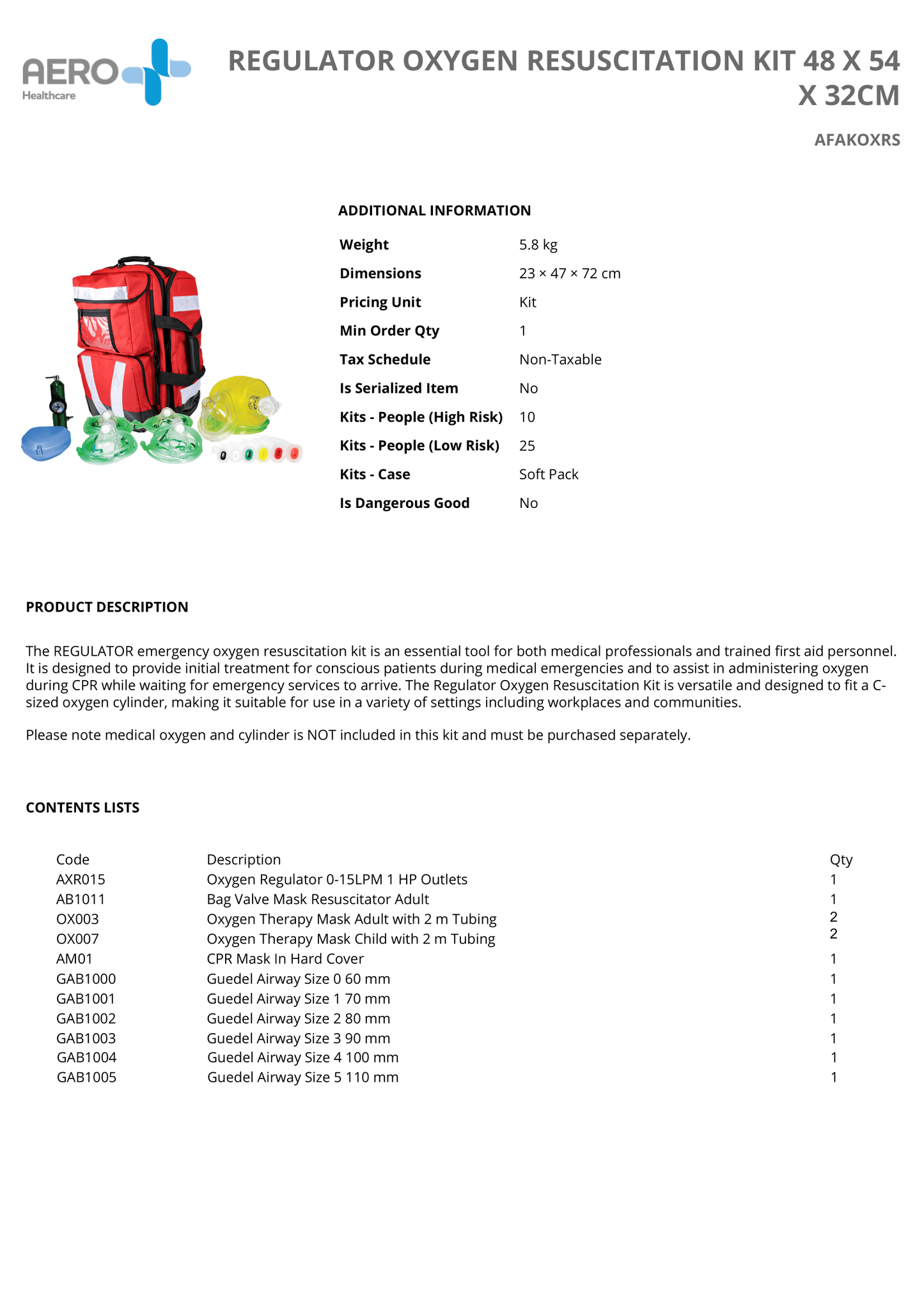 REGULATOR Oxygen Resuscitation Kit | Includes Bag Valve Mask, Airway Guedel, and CPAP Accessories