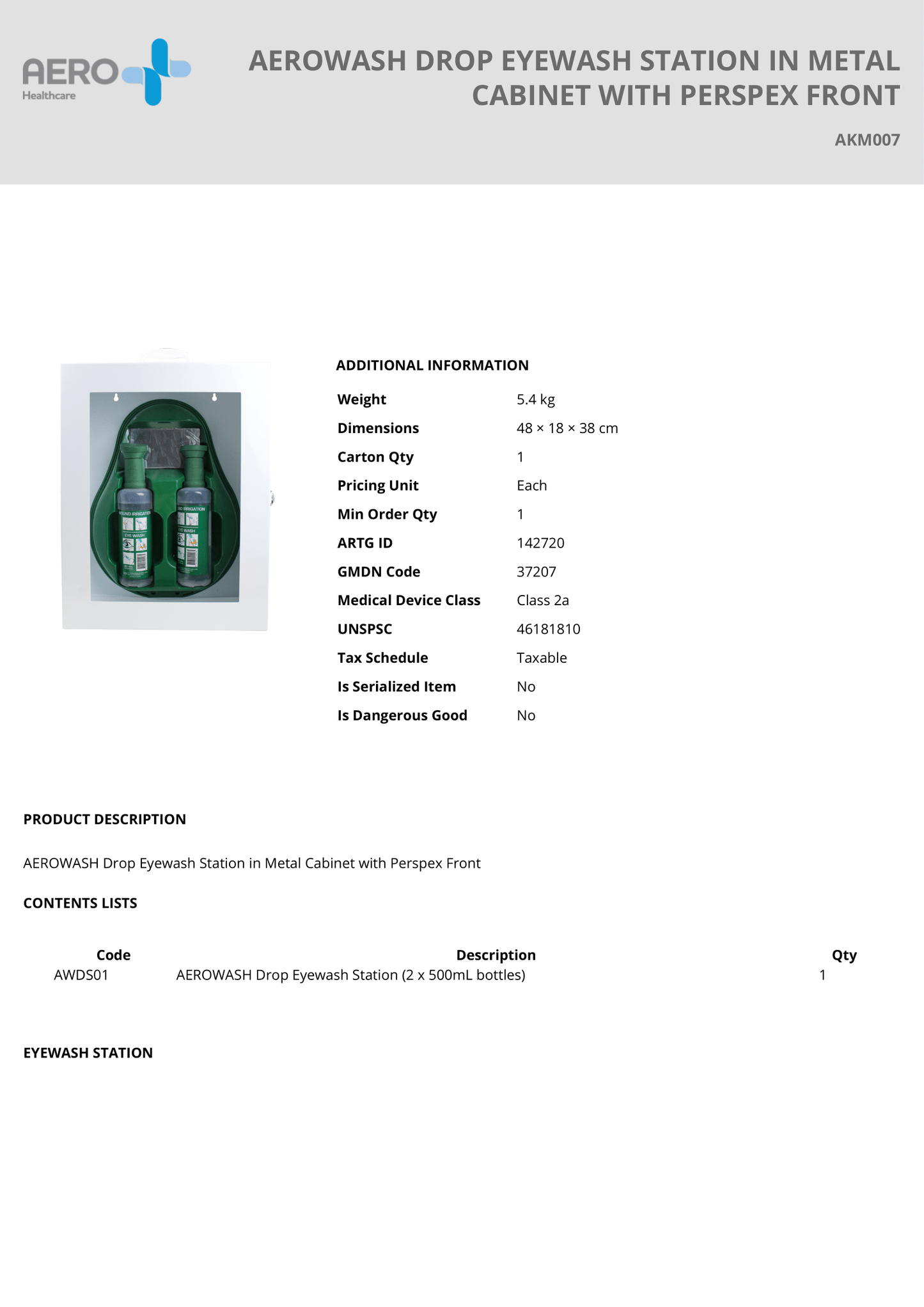 AEROWASH Drop Eyewash Station – Metal Cabinet with Perspex Front | 2 x 500mL Bottles | Emergency Eye Wash Solution