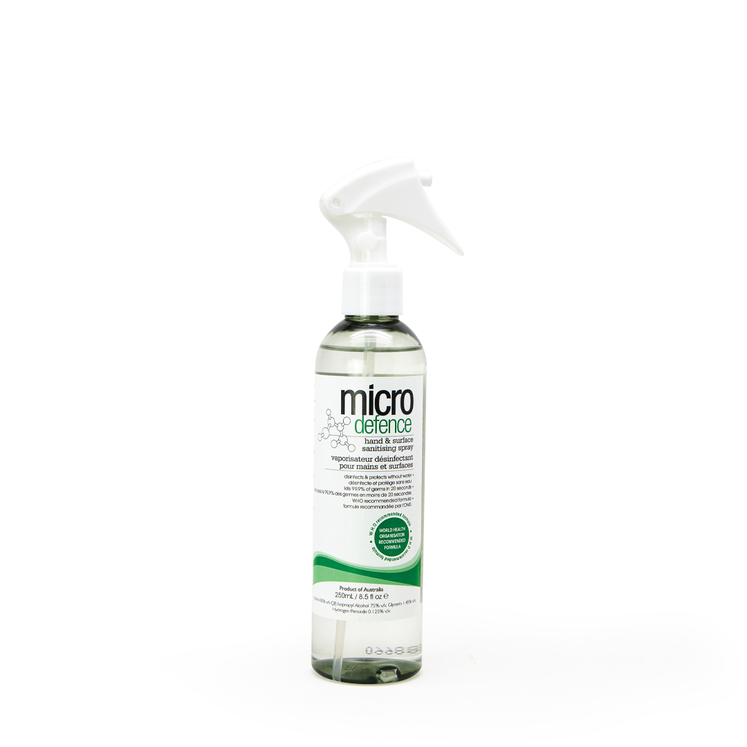 Micro Defence Hand & Surface Sanitising Spray – 75% Alcohol, WHO-Recommended Formula, Available in 250ml & 5L