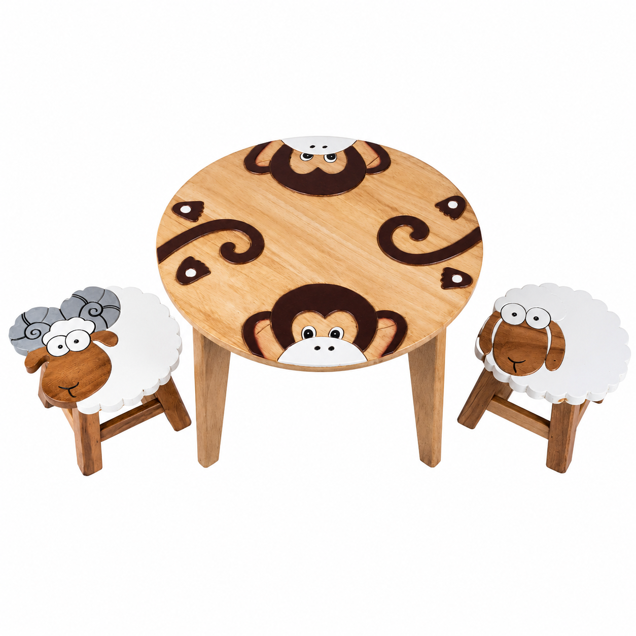 Kids Monkey Table & 2 Animal Stools Set - Solid Rubberwood