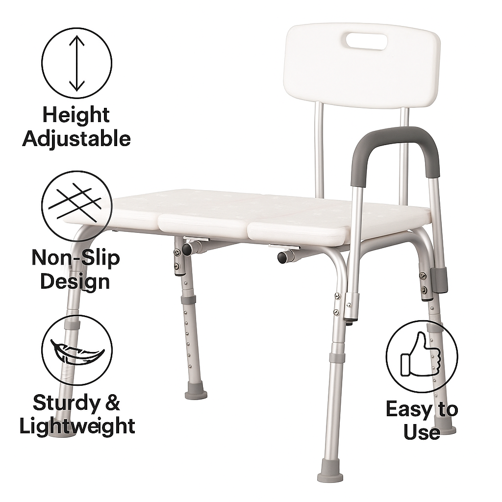 Adjustable Height Bath Transfer Bench – Non-Slip Shower Chair for Elderly & Disabled – Bathroom Safety Aid