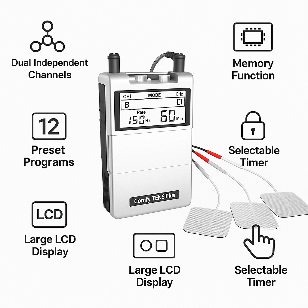 Dual Channel Digital TENS Machine with Memory Function – 12 Preset Programs for Pain Relief – Large LCD, Easy Operation – Home & Physio Use Australia