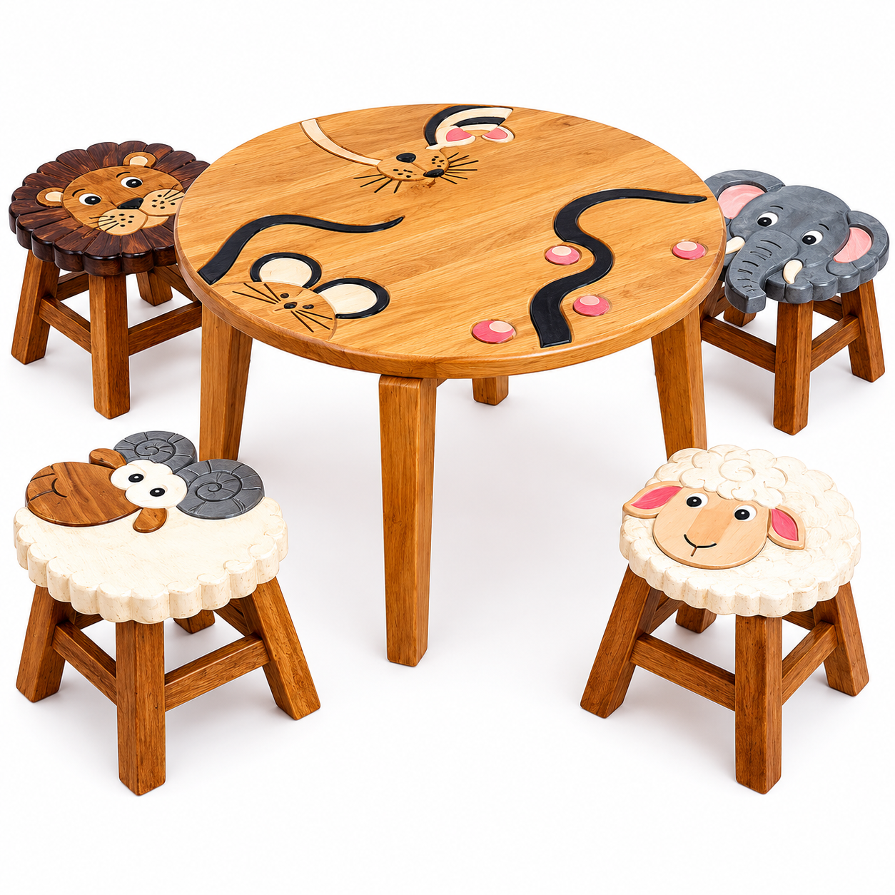 Kids Animal Table Set with 4 Animal Stools – Handmade Solid Wood