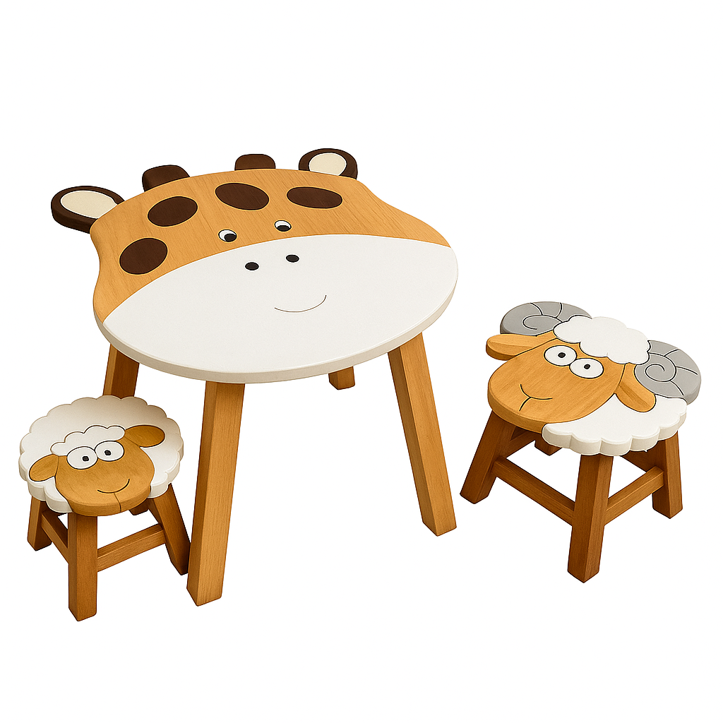 Giraffe Kids Table Set with Sheep & Ram Stools – Handmade Solid Hardwood