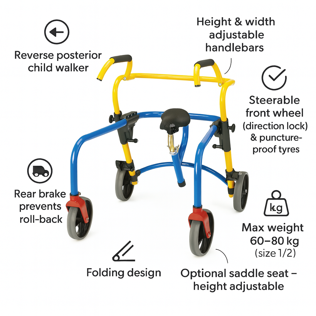 Child Reverse Walker with Seat – Adjustable Kids Mobility Aid with Rear Wheel Brakes