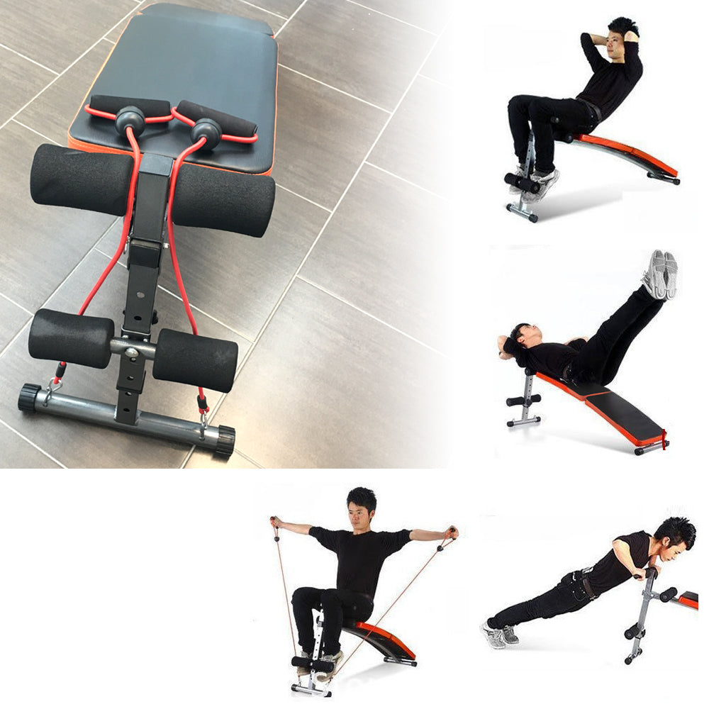 Adjustable foldable sit-up bench with padded backrest and silver steel frame