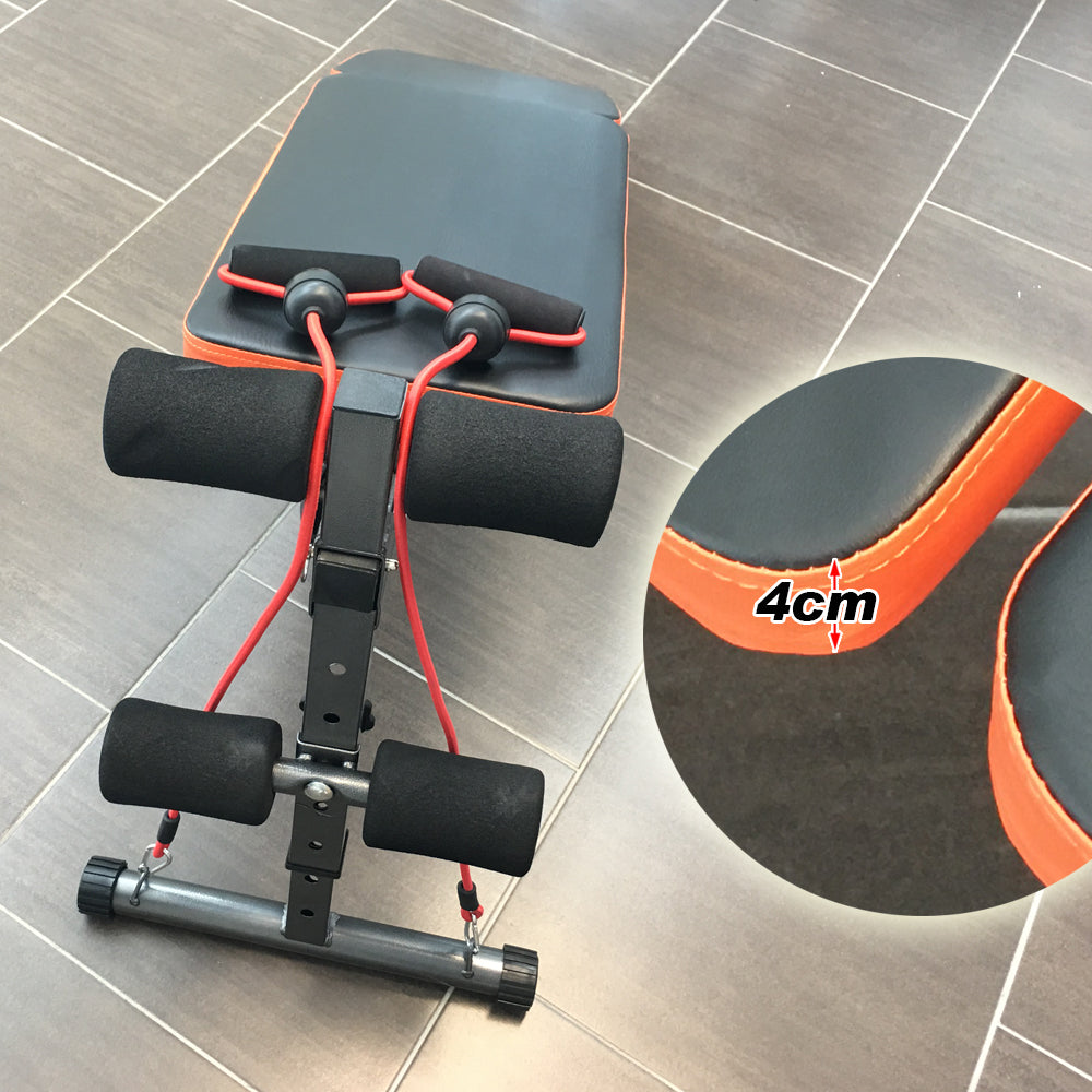 Adjustable foldable sit-up bench with padded backrest and silver steel frame