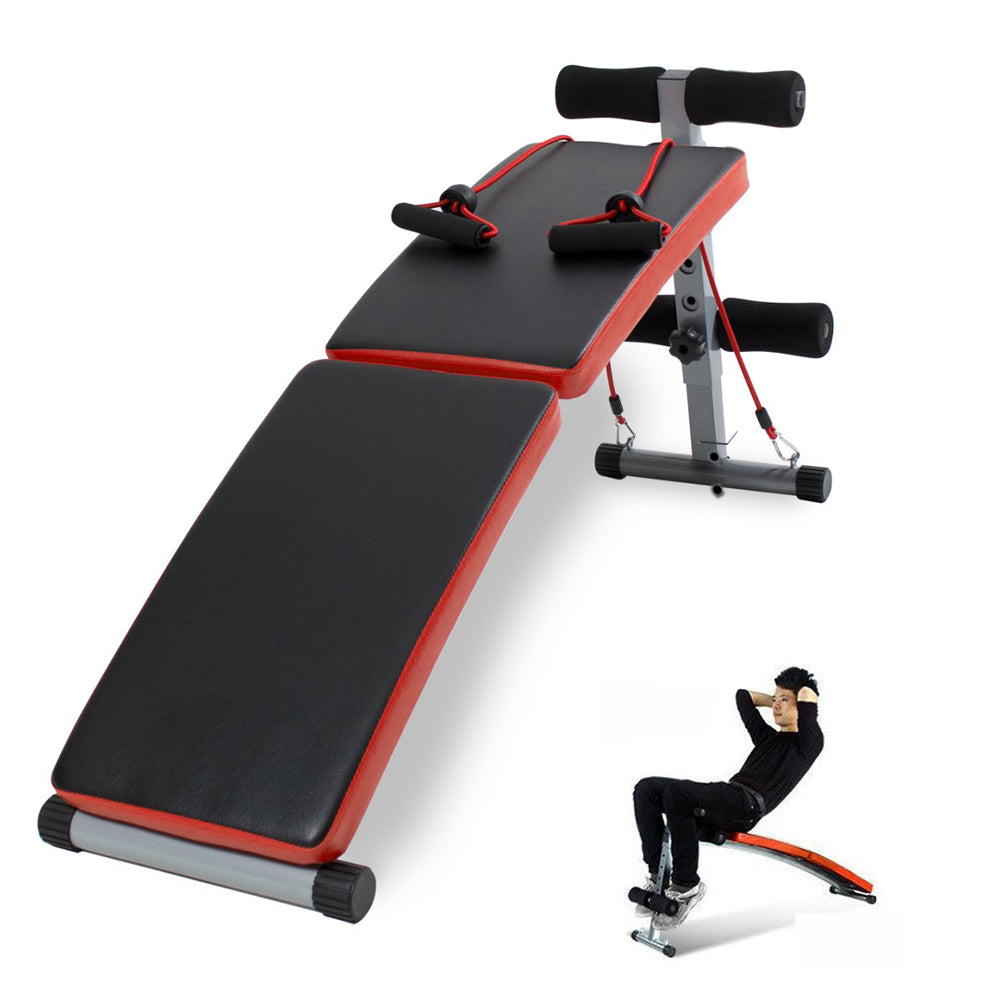 Adjustable foldable sit-up bench with padded backrest and silver steel frame
