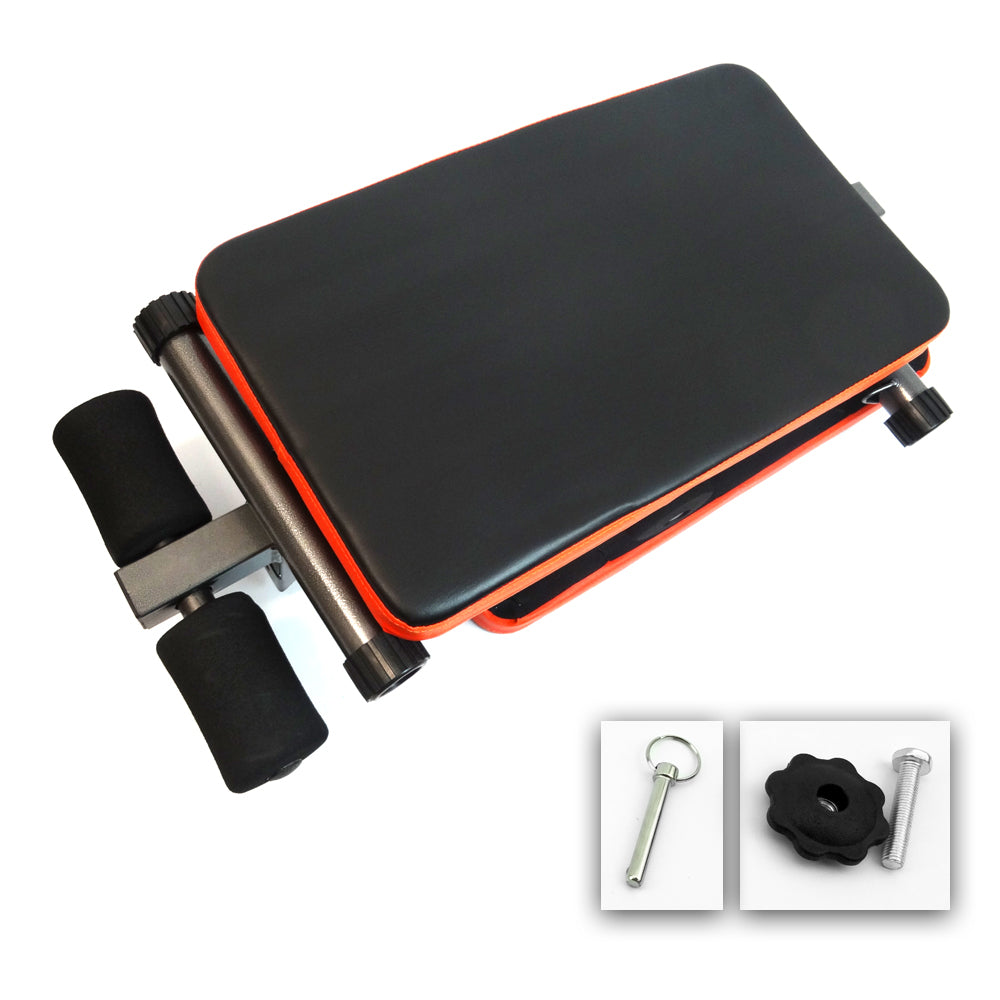 Adjustable foldable sit-up bench with padded backrest and silver steel frame