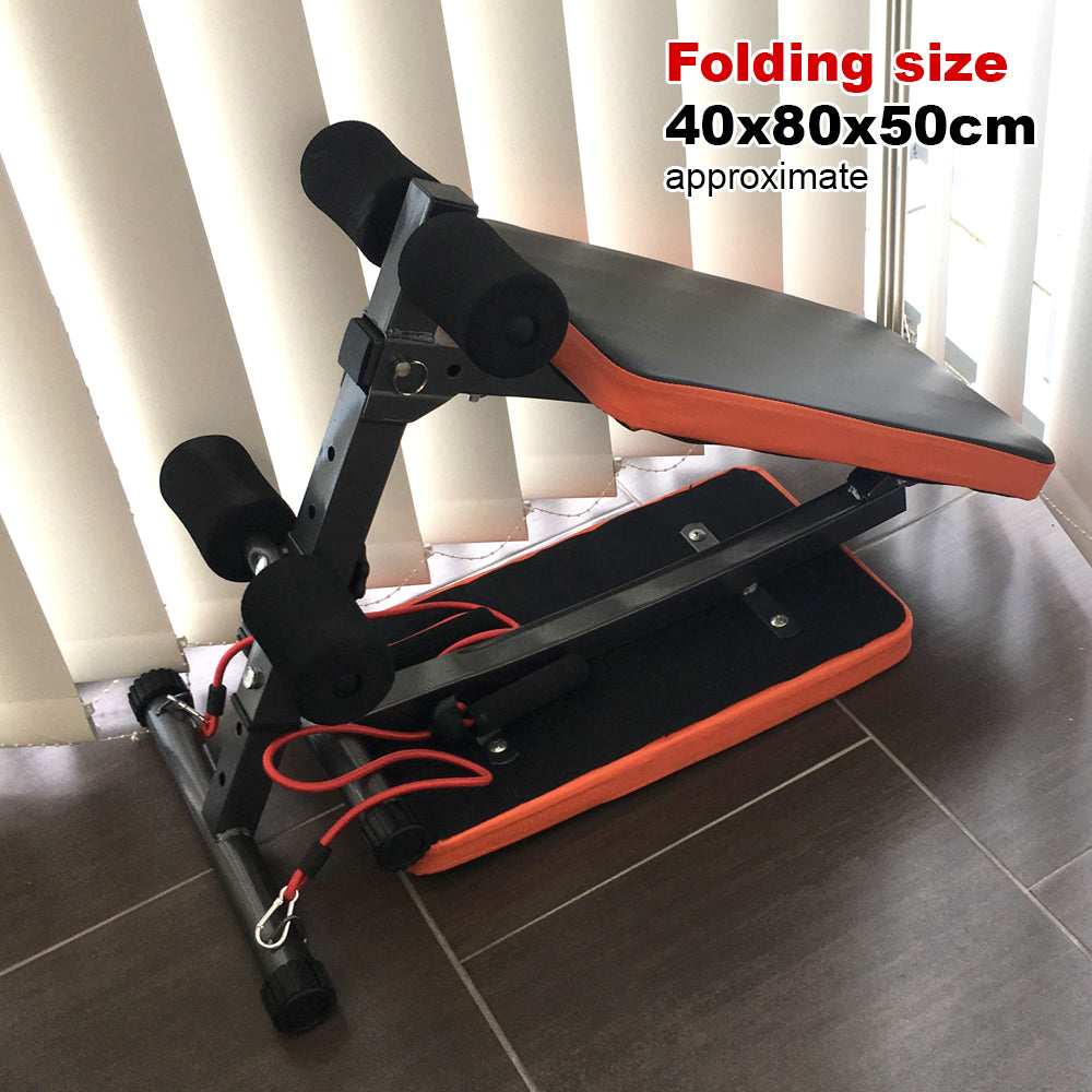 Adjustable foldable sit-up bench with padded backrest and silver steel frame