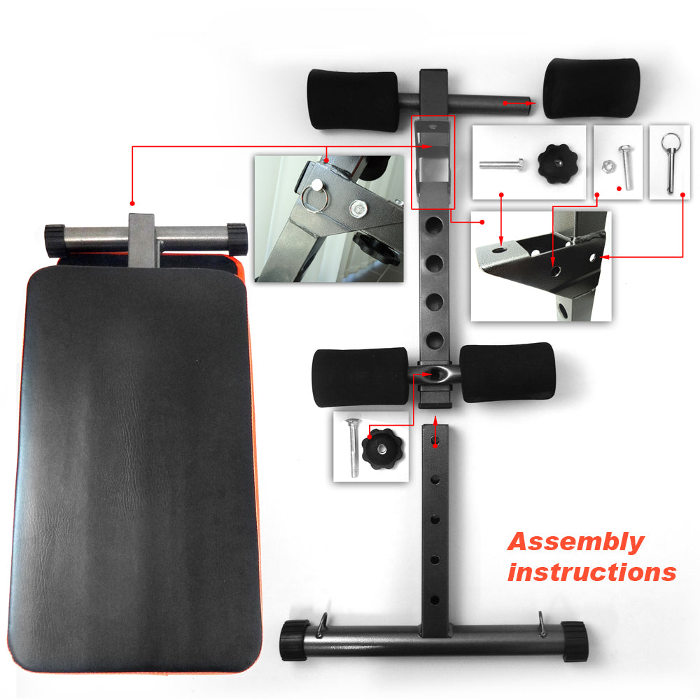 Adjustable foldable sit-up bench with padded backrest and silver steel frame