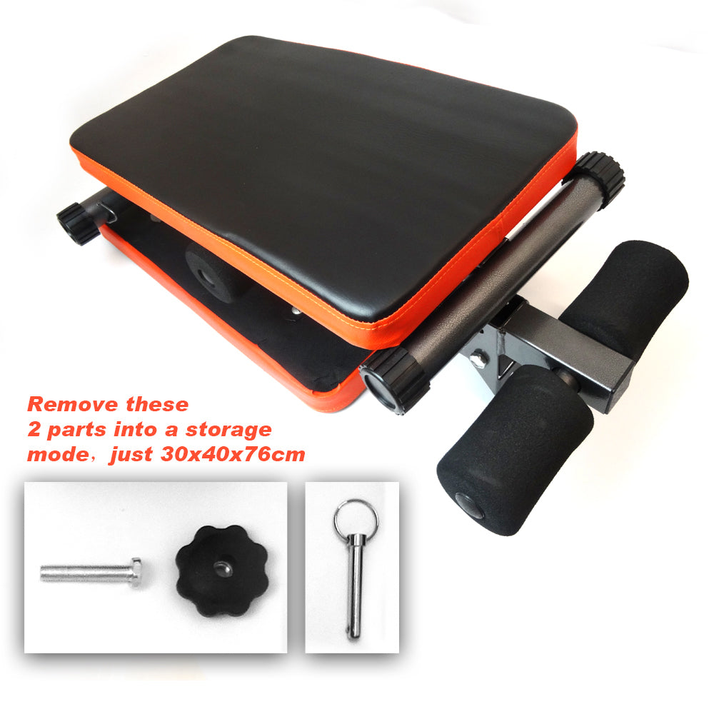 Adjustable foldable sit-up bench with padded backrest and silver steel frame