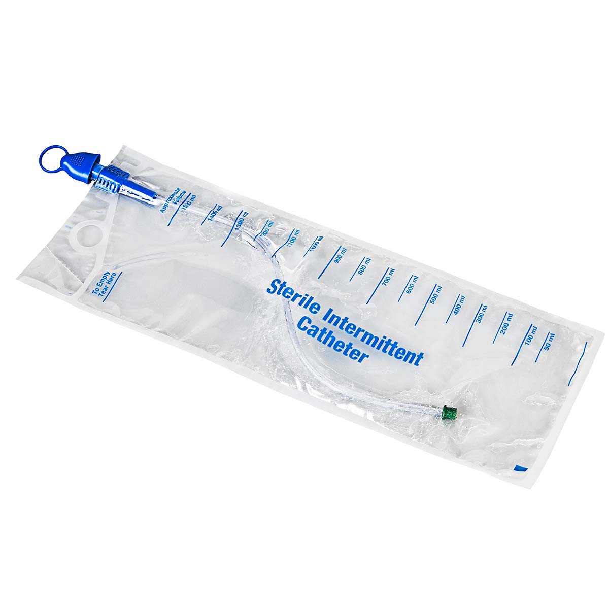 Pre-Lubricated Intermittent Catheter System 1500mL Bag with 14Fr Size Green
