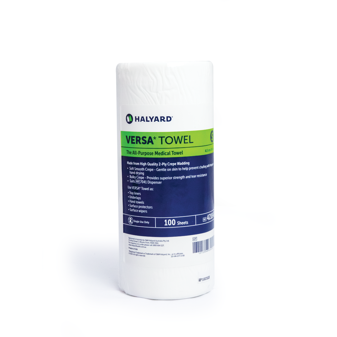 Halyard Versa Towel – Small 24.5cm x 41.5cm, 2-Ply Crepe Wadding, 100 Sheets/Roll, Multipurpose Medical Towel