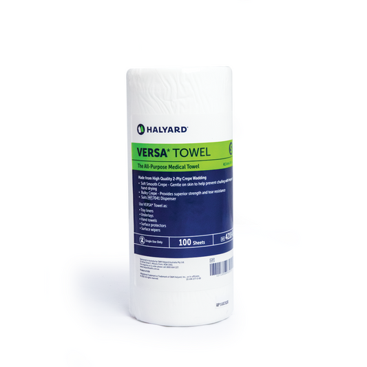 Halyard Versa Towel – Small 24.5cm x 41.5cm, 2-Ply Crepe Wadding, 100 Sheets/Roll, Multipurpose Medical Towel