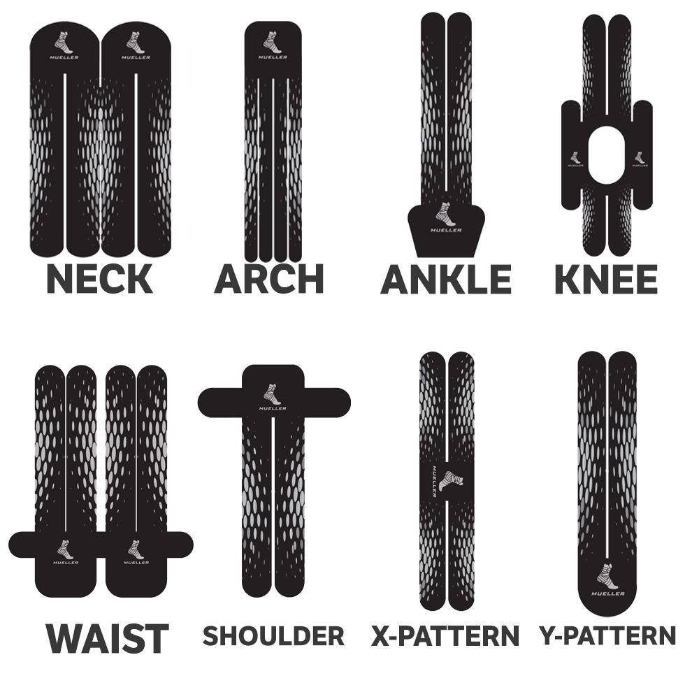 Mueller Easy Fit Pre-Cut Kinesiology Tape for Knee, Calf & Ankle - Black Y-Pattern 6 Strips, Pain Relief & Support