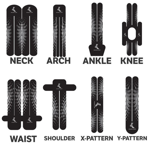 Mueller Easy Fit Pre-Cut Kinesiology Tape for Knee, Calf & Ankle - Black Y-Pattern 6 Strips, Pain Relief & Support