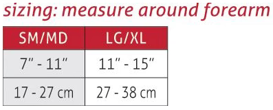 Sizing chart for forearm measurements in inches and centimeters.