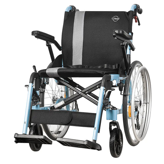 MyRide Lightweight Self-Propelled Wheelchair - Light Blue, TGA Certified, Aluminium Frame, Puncture-Proof Wheels