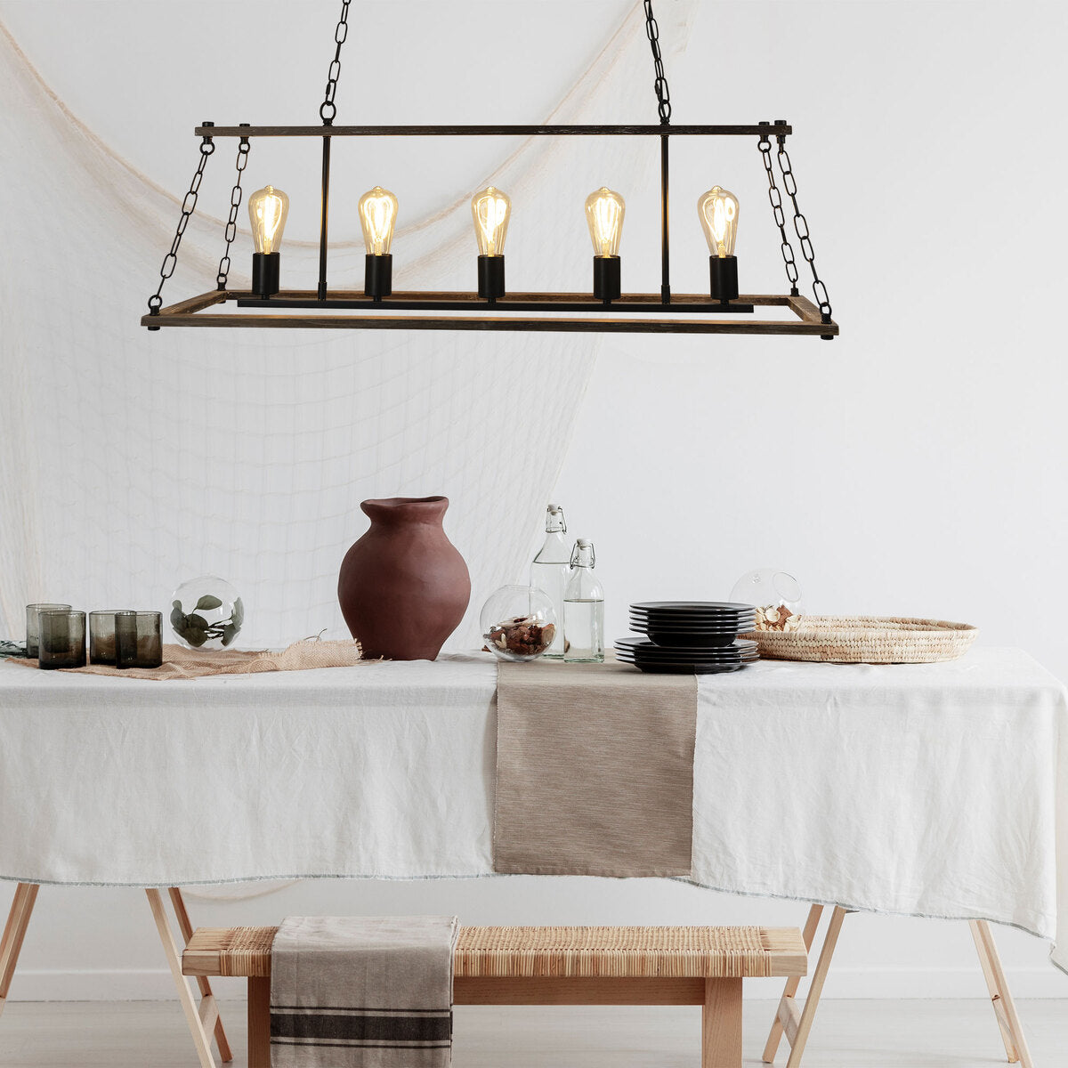 Oriel ISLAND five-light distressed timber pendant in natural and black finish