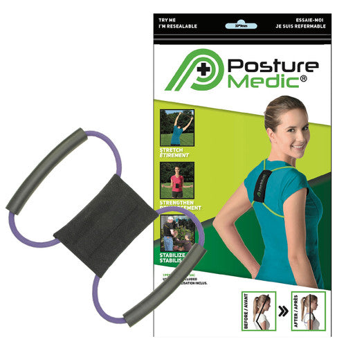 Posture Medic device with packaging featuring a woman and images of stretching and strengthening exercises.