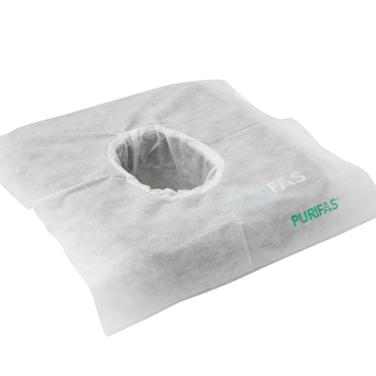 Purifas FaceShield™ – Box of 100 Disposable Face Cradle Covers, 100% Face Hole Coverage, Soft & Recyclable, Ideal for Massage & Therapy Beds